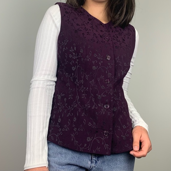 Vintage 80s 90s Deep Purple Floral Jacquard Suit Vest Casual Corner - Picture 3 of 14